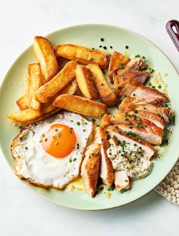Best oven chips with pork chops and fried eggs