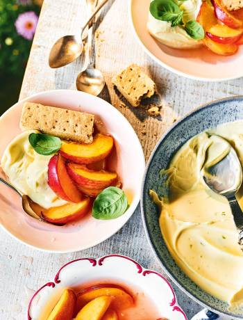 Sharing lime posset with macerated peaches