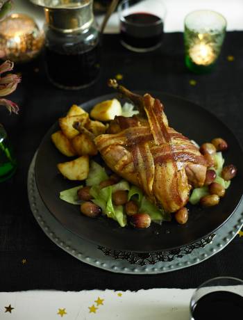Roast pheasant with grapes and sweetheart cabbage