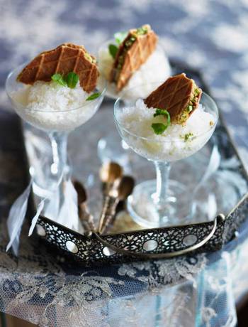 Mint julep granita with lemon waffle biscuits