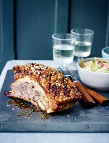 Slow-roast pork belly with apple, celeriac and fennel slaw