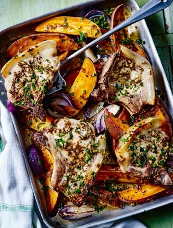 Maple pork chops and sweet potato traybake