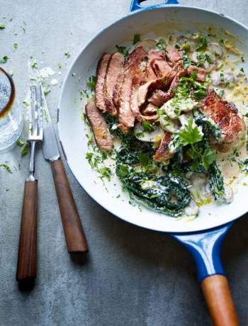 Steak with creamy cavolo nero and mushrooms
