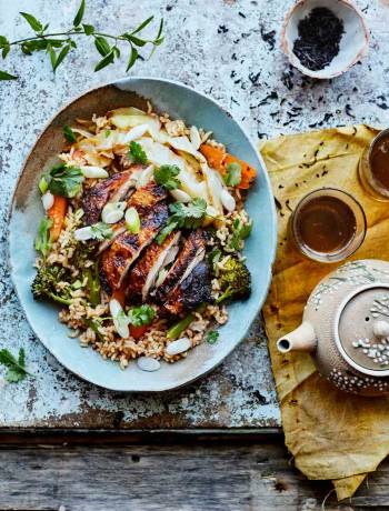 Crispy tea-brined chicken with warm rice salad