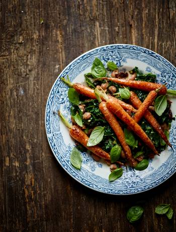 Warm carrot salad with spicy raisin and pine nut dressing 