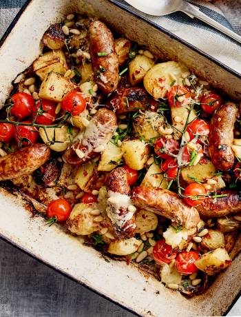 All-in one sausage and crispy potato bake