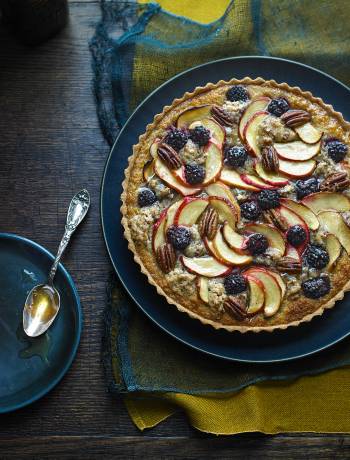 Butterscotch, apple and blackberry crumble tart