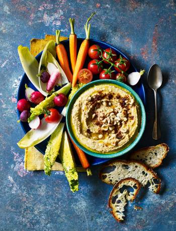 Houmous with ras el hanout and hazelnuts