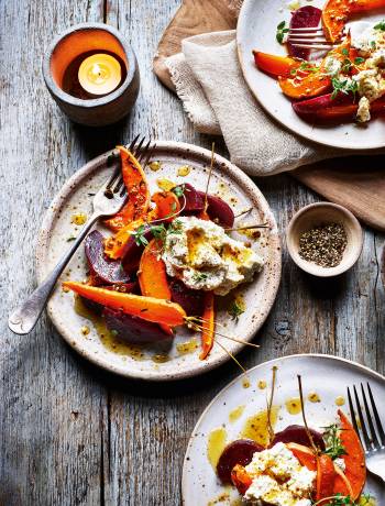 Honey-roasted winter veg with lemon ricotta