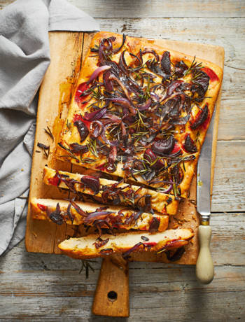 Roasted beetroot and red onion focaccia