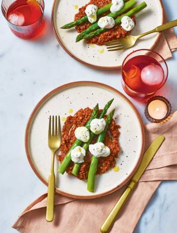Asparagus with whipped ricotta and romesco sauce
