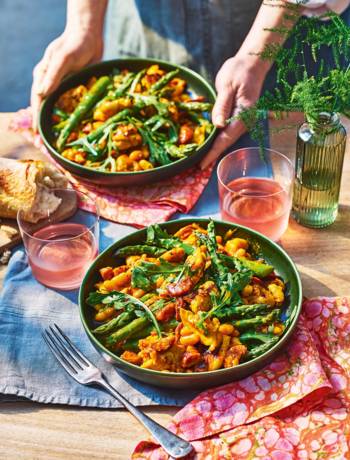 Warm saffron chicken, white bean and chorizo salad 