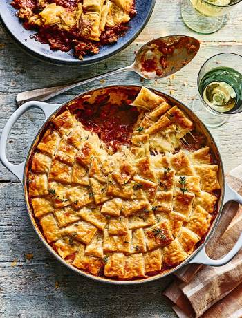 Cheesy aubergine and mushroom patchwork pie