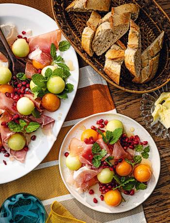 Gin-cured melon with Parma ham, mint and pomegranate