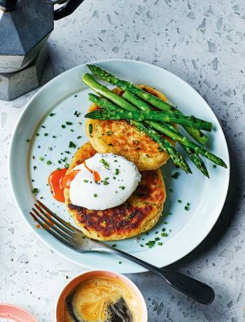 Potato pancakes with grilled asparagus and poached eggs