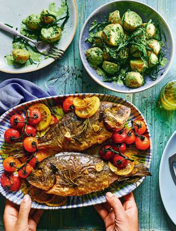 Roast sea bream with samphire potato salad
