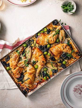 Chicken, prune and olive traybake