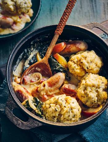 Sausage and apple casserole with sage dumplings