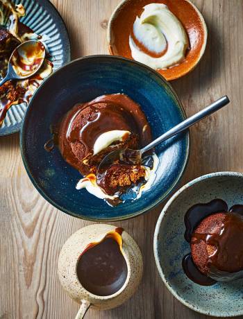 Sticky toffee pudding with miso toffee sauce and whipped crème fraîche