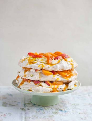 Pistachio and apricot meringue layer cake 