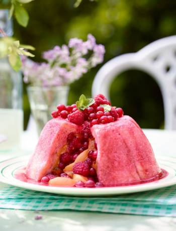 Peach melba summer pudding