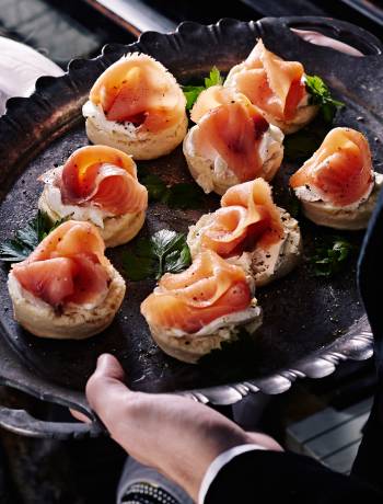 Potato and black pepper scones with soured cream and smoked salmon