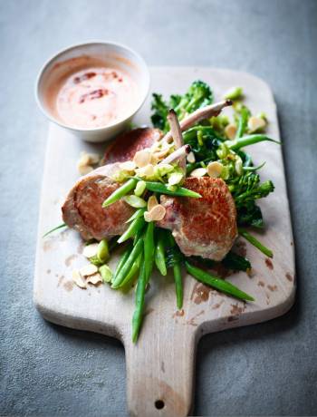 Lamb cutlets with harissa yogurt and 'midget trees'