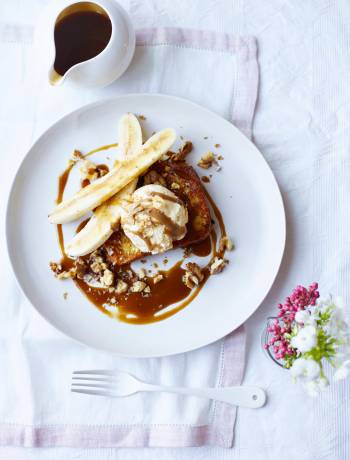 French toast with vanilla bean ice cream, toffee sauce and bananas