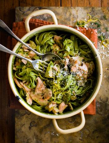 Salmon and watercress chilli pesto pasta