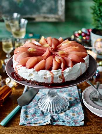 Spiced pear and ginger cheesecake with a dark chocolate crumb