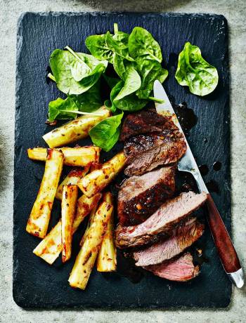 Venison steaks with miso parsnip fries