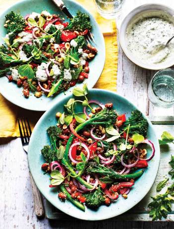 Charred broccoli, borlotti bean and hazelnut salad