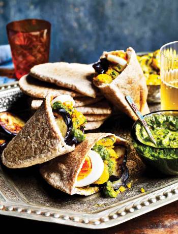 Aubergine, spiced potato and zhoug pitta