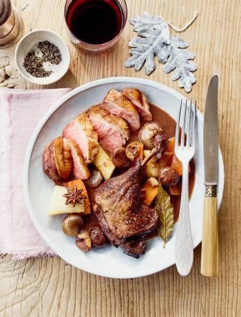 Mulled wine pot-roast duck