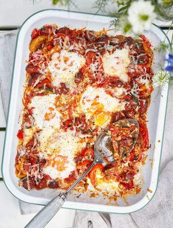 Chorizo baked eggs with peperonata