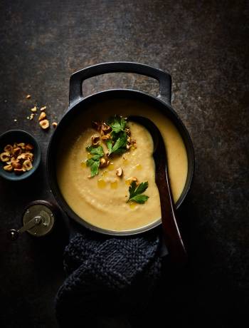 Roasted celeriac soup with hazelnut crumbs