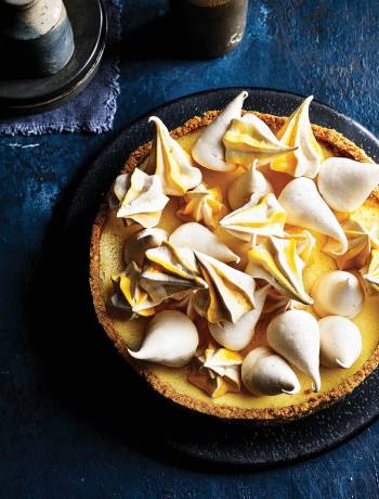 Lemon passion fruit cheesecake with mini meringues