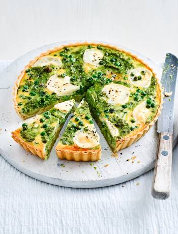 Goats’ cheese and pea pesto tart