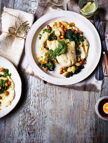 Hake, celeriac purée and balsamic chickpeas