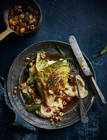 Savoy cabbage with celeriac purée and brown butter hazelnuts