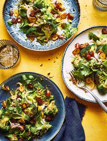Warm broccoli and date salad with pistachio topping