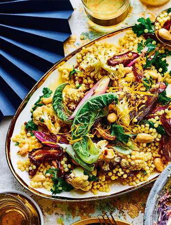 Roast cauliflower, date and olive giant couscous