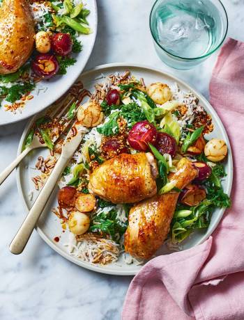 Chicken, smacked radishes and rice
