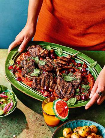 Lamb cutlets with romesco and sweet-and-sour grapes