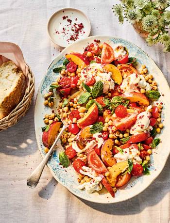 Pink pepper, peach and tomato salad