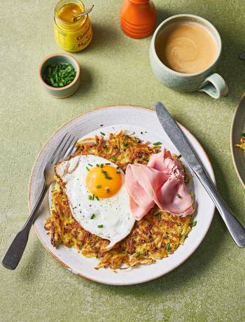 Rösti with ham and fried eggs