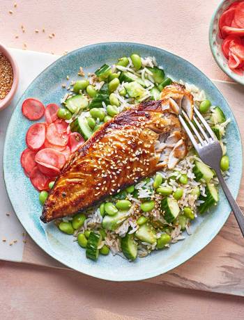 Miso mackerel with edamame rice