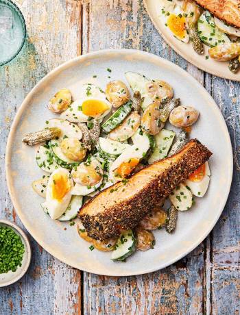 Furikake-crusted salmon and Japanese-style potato salad