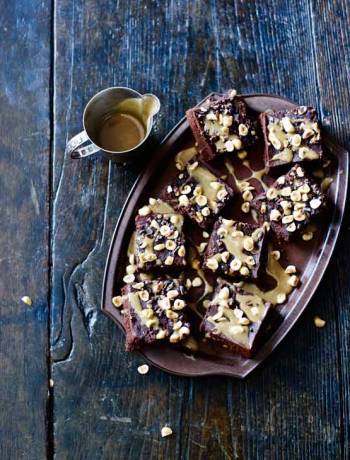 Milk chocolate and hazelnut squares with honey drizzle