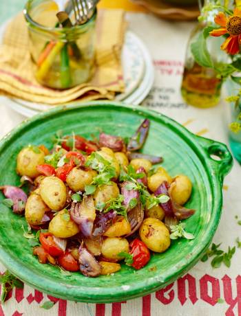 Roasted new potatoes, cherry tomatoes and basil